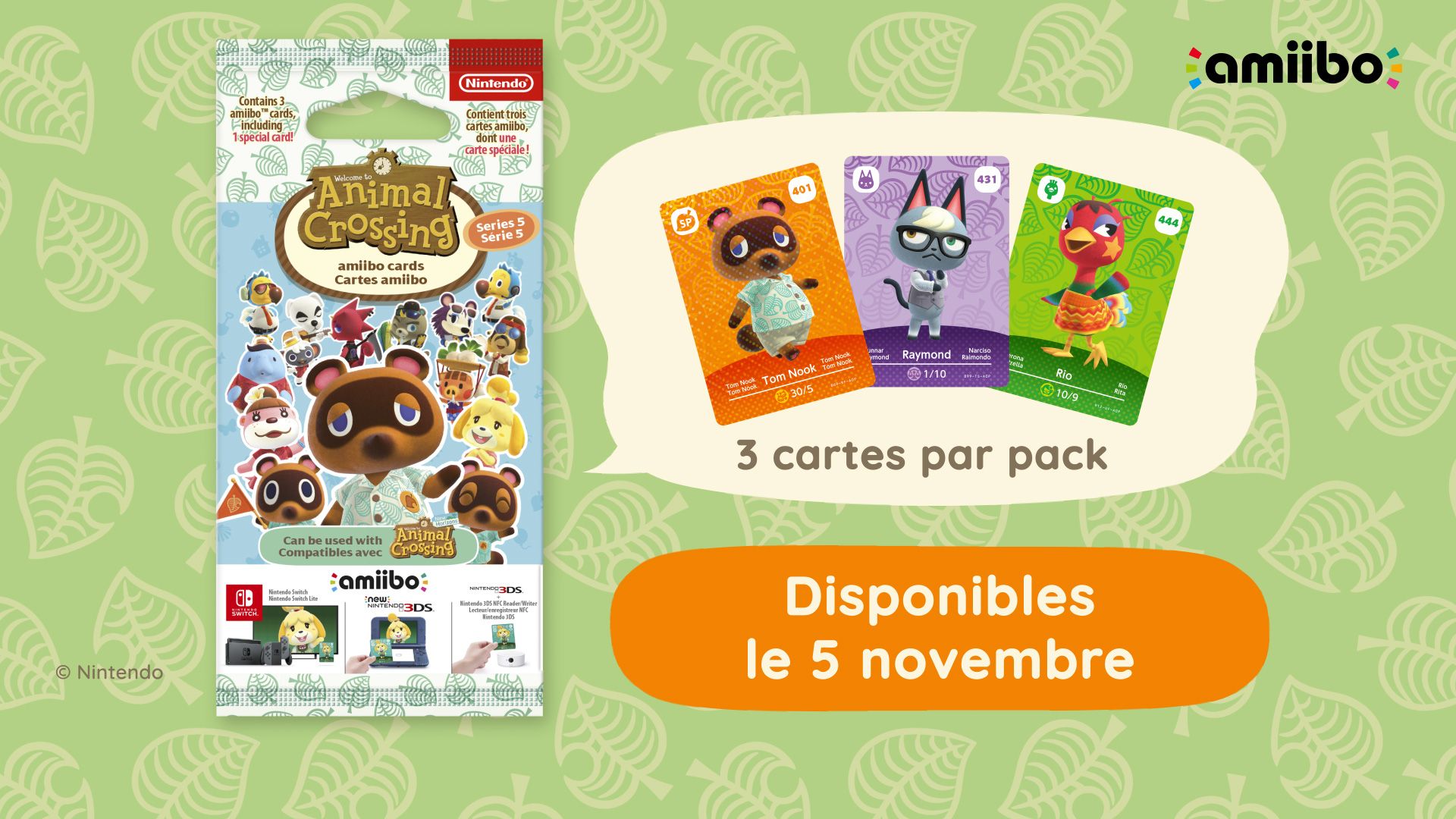 Pack cartes Amiibo NINTENDO 3 cartes Animal Crossing Série 5